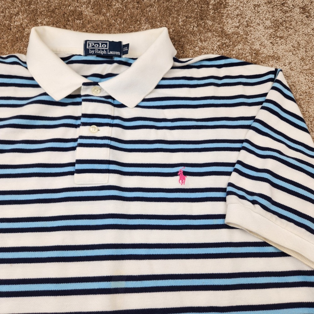 Polo Ralph Lauren XXL Striped Polo Shirt White Navy Blue Pink Pony Logo Cotton